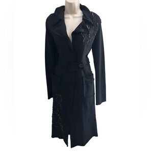 YAG Couture Black Cotton Appliqué Coat Gothic Floral Long Jacket Size Med NWOT